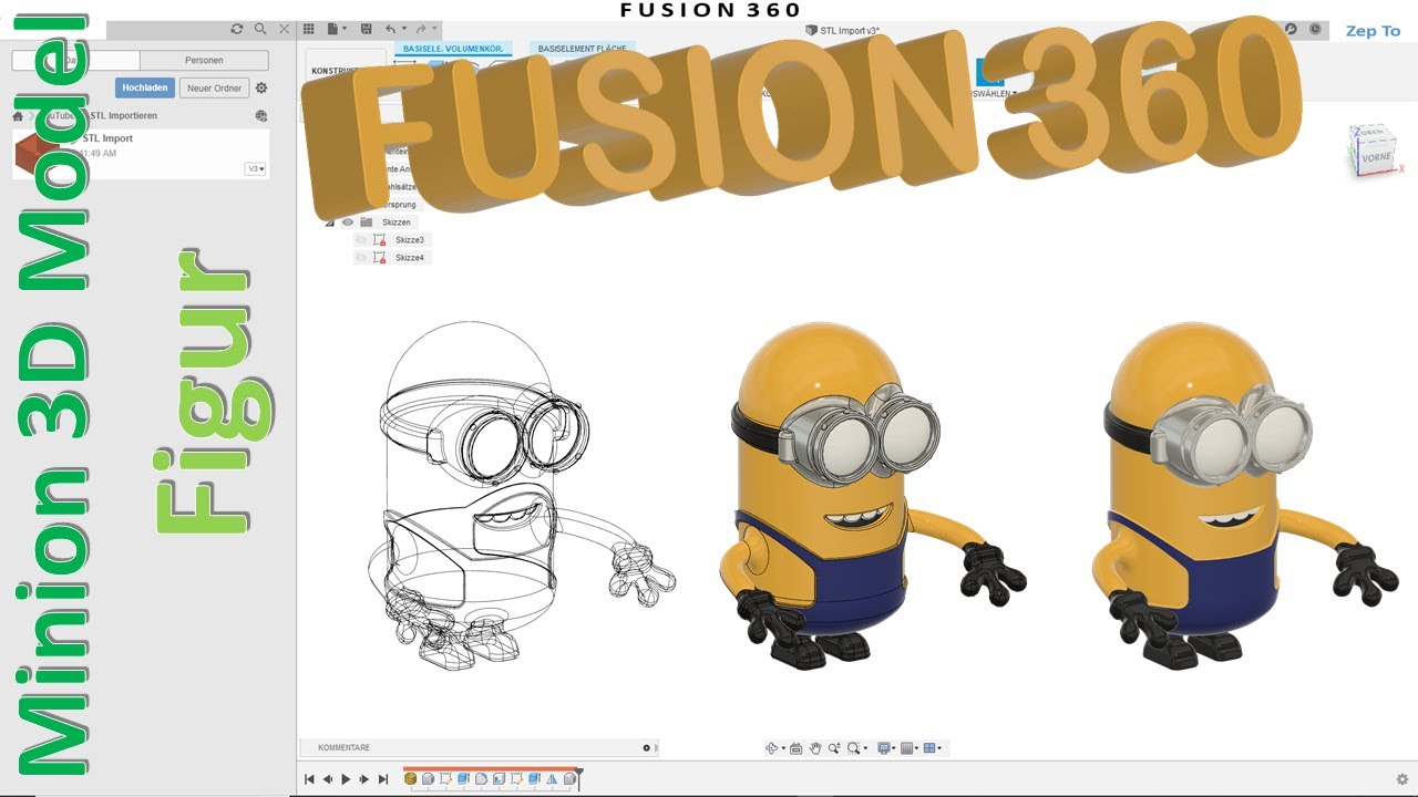 Fusion 360 Minion Figur 3D Model - Körper - Spline - Verschieben - Entwurf - Prägen - Zep To