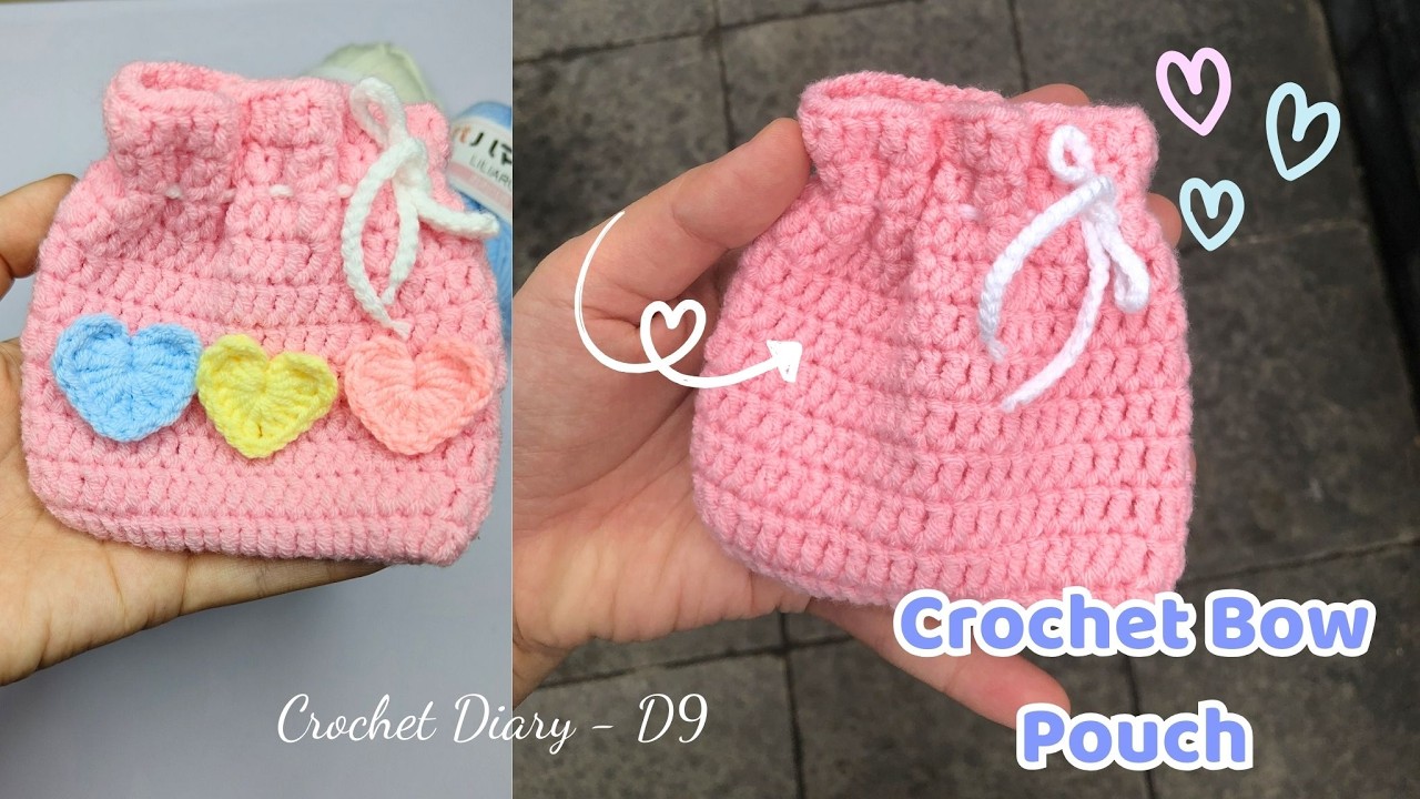 Crochet Bow Pouch for Lipstick, Earphones | Móc túi rút xinh xắn | Beginner Friendly