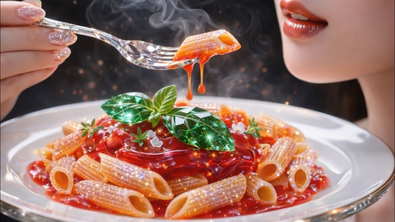 This GLASS Crafted Pasta 🍝 looks Unreal 🤯✨ #glassfood #aiasmr #veo3 