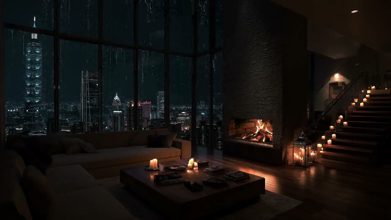 City Rain Ambience &ndash; Cozy Fireplace Sounds for Deep Sleep and Relaxation