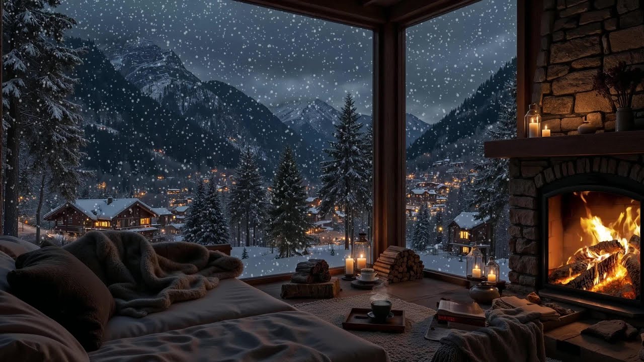 Cozy Winter Night in a Snowy Cabin with Jazz Music, Crackling Fireplace & Gentle Snowfall