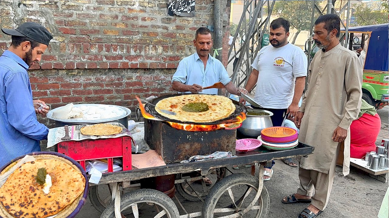 Desi Punjabi Saag Paratha | Winter Special Street Food of Lahore | Village Style Makki Roti & Butter