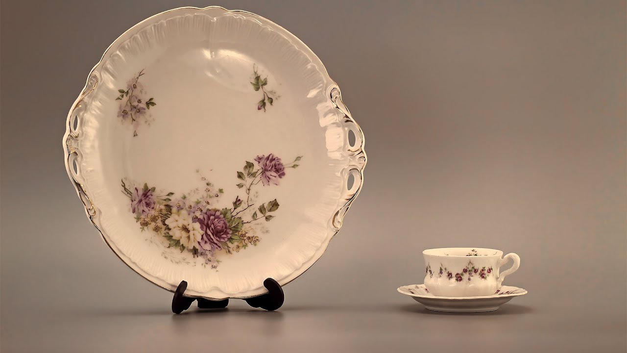German Antique Collectible Porcelain. Carl Tielsch & Co. 1887&asymp;1900s. Handled Cake Plate & Coffee Cup