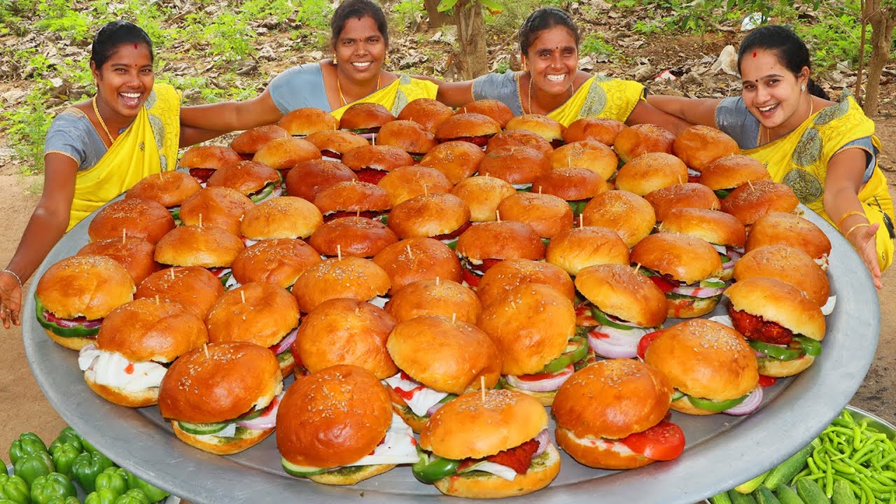 300 CHICKEN BURGER | 50 KG CHICKEN | 300 BURGER BUN | Crispy Chicken Burger 🍔 Cooking in Village