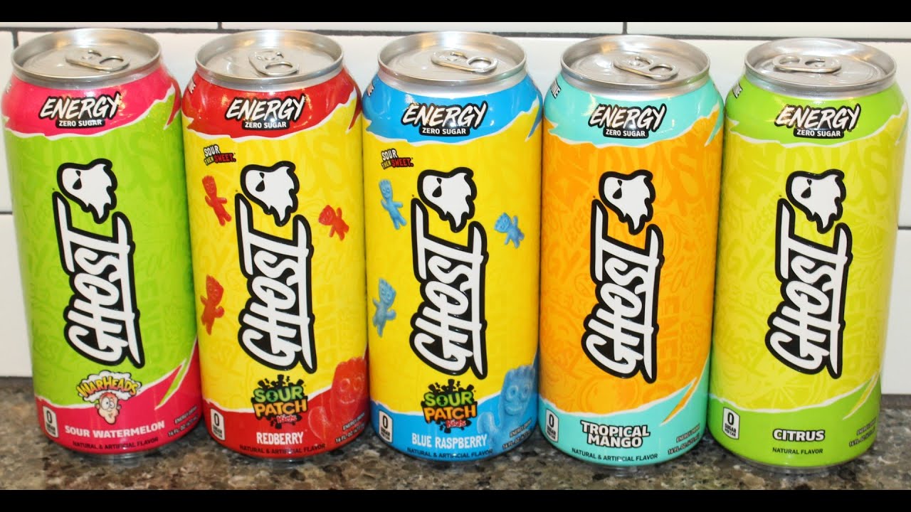Ghost Energy: Warheads Sour Watermelon, Sour Patch Kids: Redberry, Blue Raspberry, Mango, Citrus