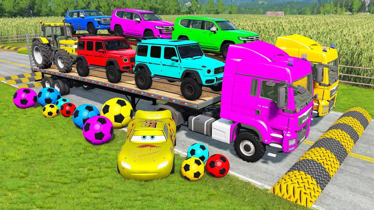 Double Flatbed Trailer Truck vs Speedbumps McQueen Train vs Cars | Tractor vs Train Beamng.Drive #13