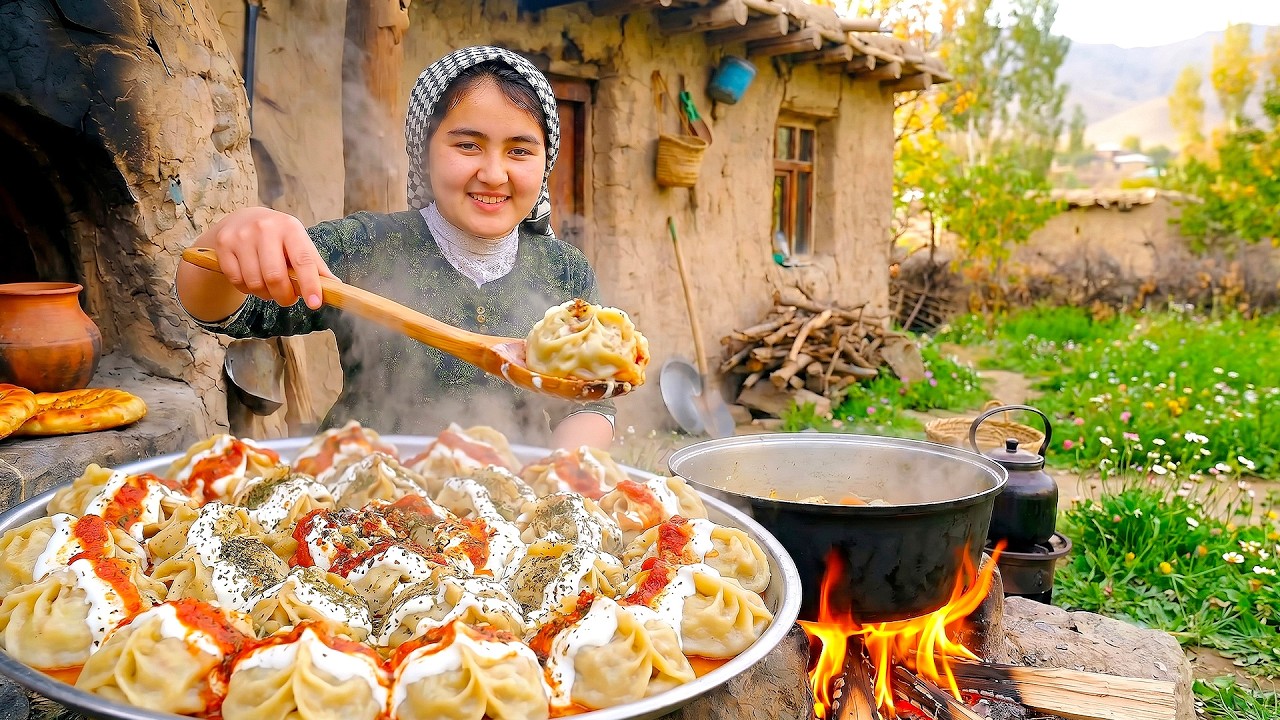 Traditional Afghan Mantu Cooked Over Fire 🥟 | Real Village Life in Afghanistan 🇦🇫