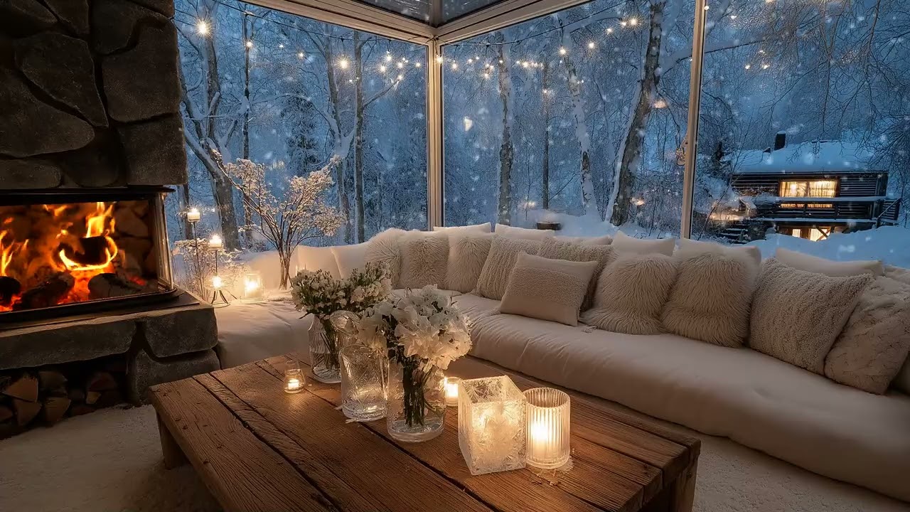❄️Snowfall Piano Lounge | Elegant White Interior & Fireplace | 5 Hours Relax Study Meditation Sleep