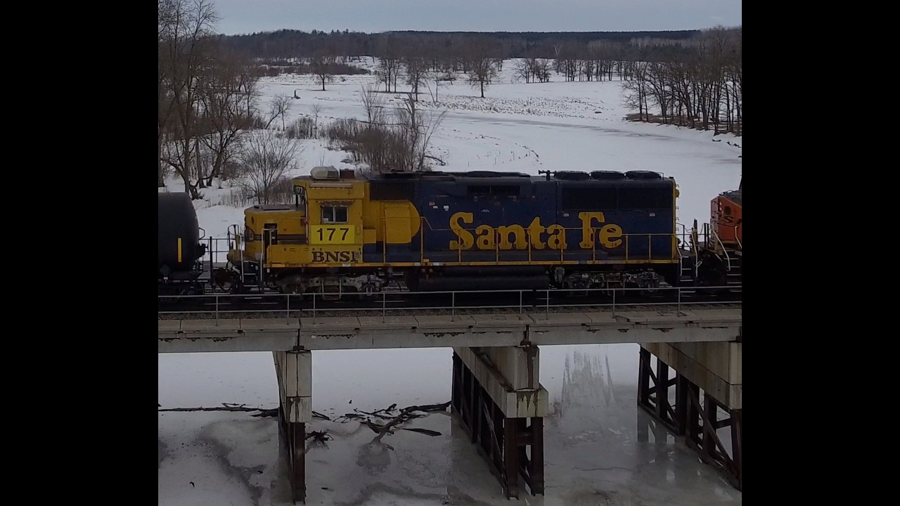 Ancient Santa Fe 177 in BNSF Lash up Frozen River Crossing — CN Foreign Power Second Manifest