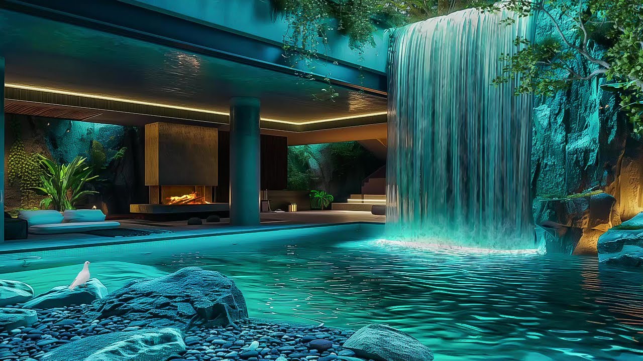 Forest Villa's Peaceful Backyard🌳ASMR: Huge Rushing Waterfall and Natural Space for Deep Relaxation