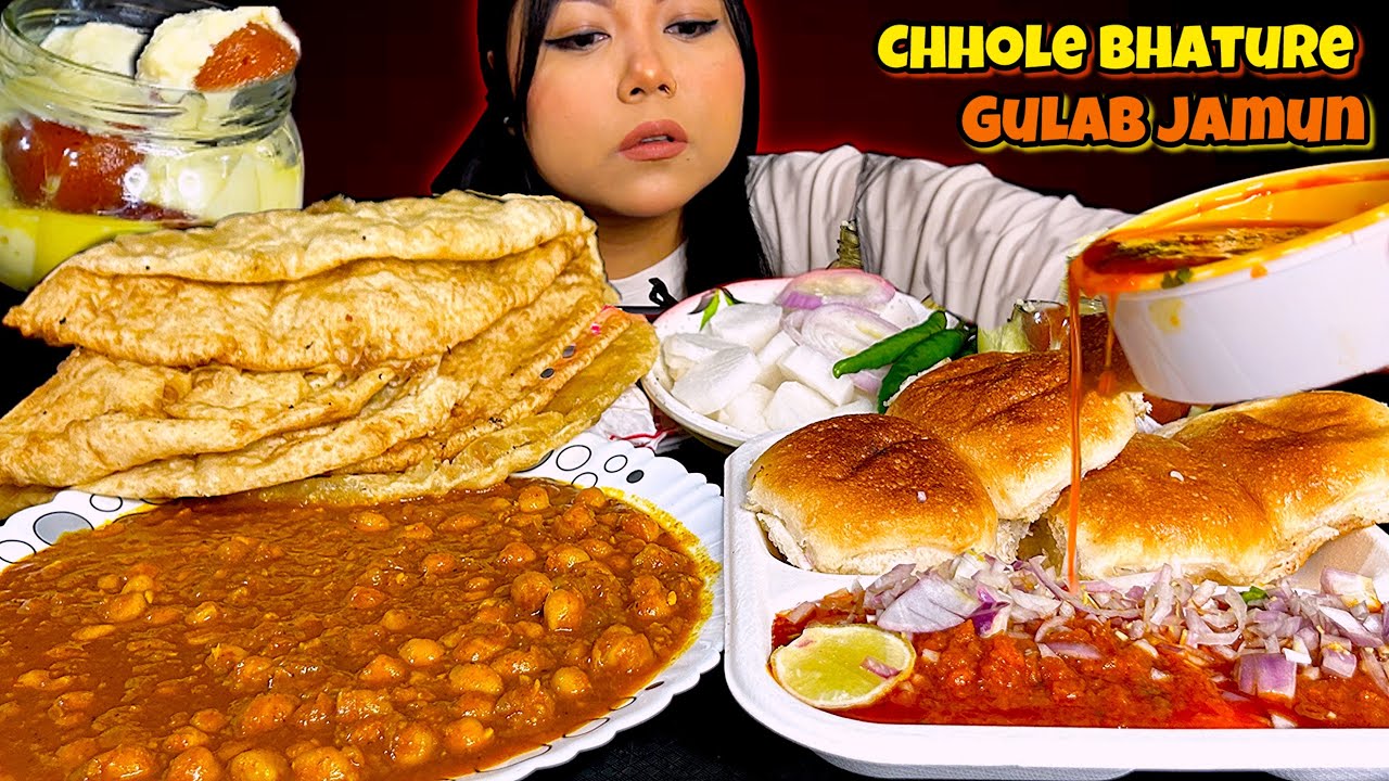 EATING 🔥SPICY CHOLE BHATURE, PAV BHAJI & GULAB JAMUN WITH RABADI | INDIAN STREET FOOD | MUKBANG ASMR