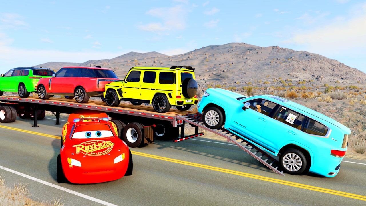 Flatbed Truck McQueen | Transportation with Truck - Speedbumps vs Cars vs Train - BeamNG.Drive #26
