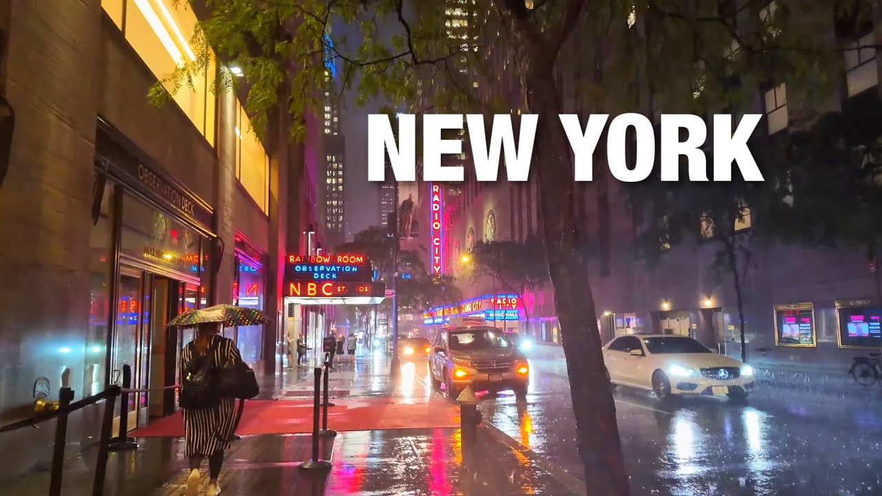 New York Rainstorm Night: Heavy Rain Walk in Manhattan New York Rain and Thunder Sounds For Sleeping
