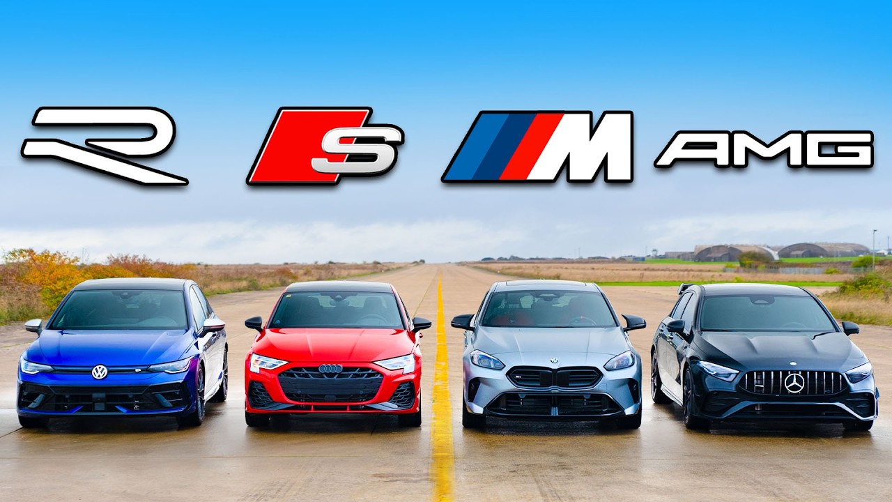 Кто победит в заезде:  новый VW Golf R или BMW M135 или Audi S3 или же AMG A35?