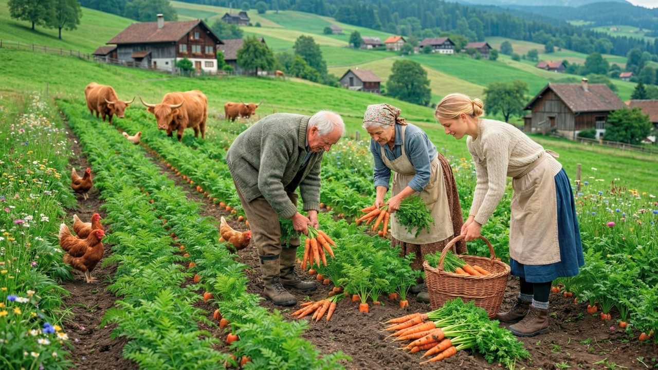 Peaceful Countryside Garden Life - Simple Carrot Garden Harvest in a Rustic Farm Setting