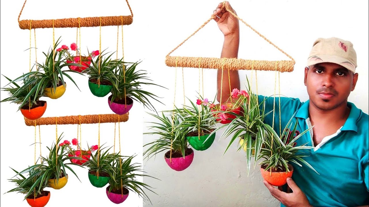 How to Make Beautiful HANGING PLANTER out of COCONUT SHELL //gardening ideas for home