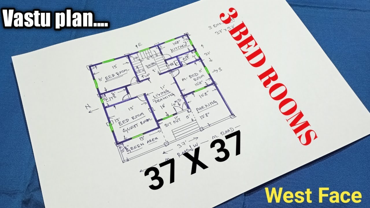 3 bhk house plan, 37 x 37 house design with 3 bedroom, 37 x 37 ghar ka naksha, 37*37 home design