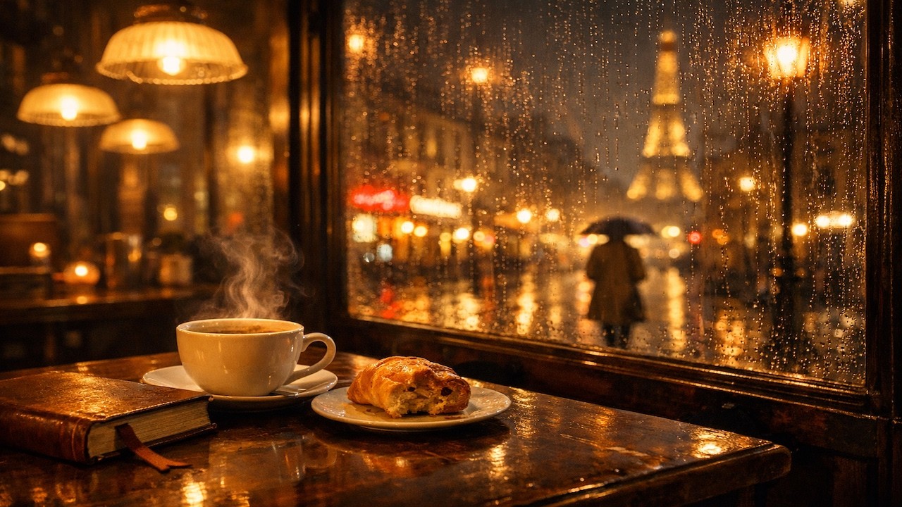 Rainy Paris Café Ambience | Cozy Night with Eiffel Tower & Soft Jazz