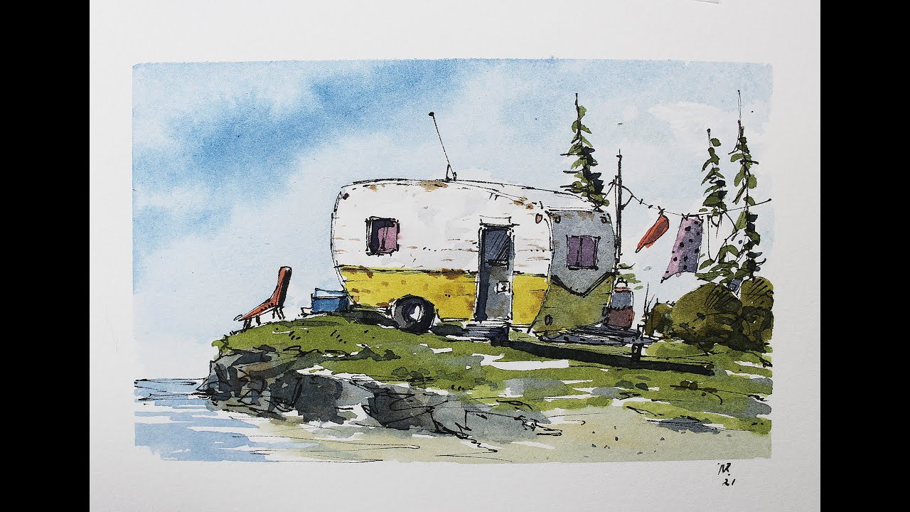 Trailer Line and wash watercolor in Full real time in my crooked lines by Nil Rocha