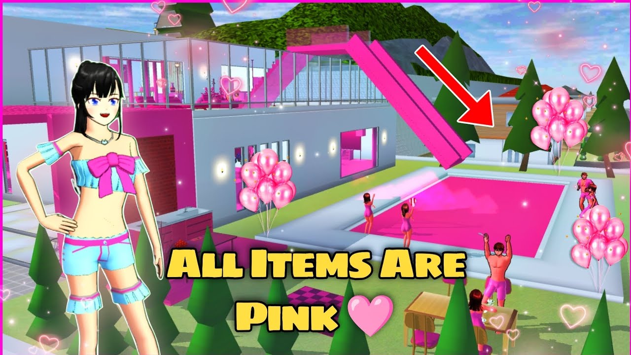 There is a Big Pink Pool Party at Big Pink House ( All Pink Items ) in Sakura School Simulator