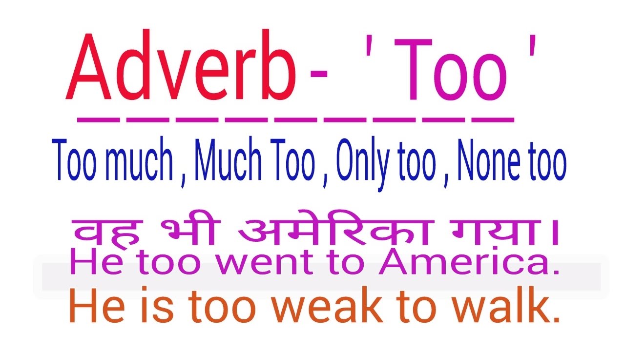 ADVERB - TOO , TOO MUCH , MUCH TOO , ONLY TOO , NONE TOO IN ENGLISH GRAMMAR  | TOO USES IN ENGLISH