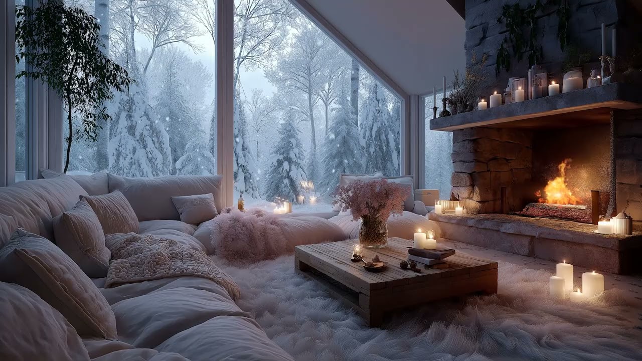 Romantic Winter Room Ambience with Fireplace Glow and Snow Outside the Window