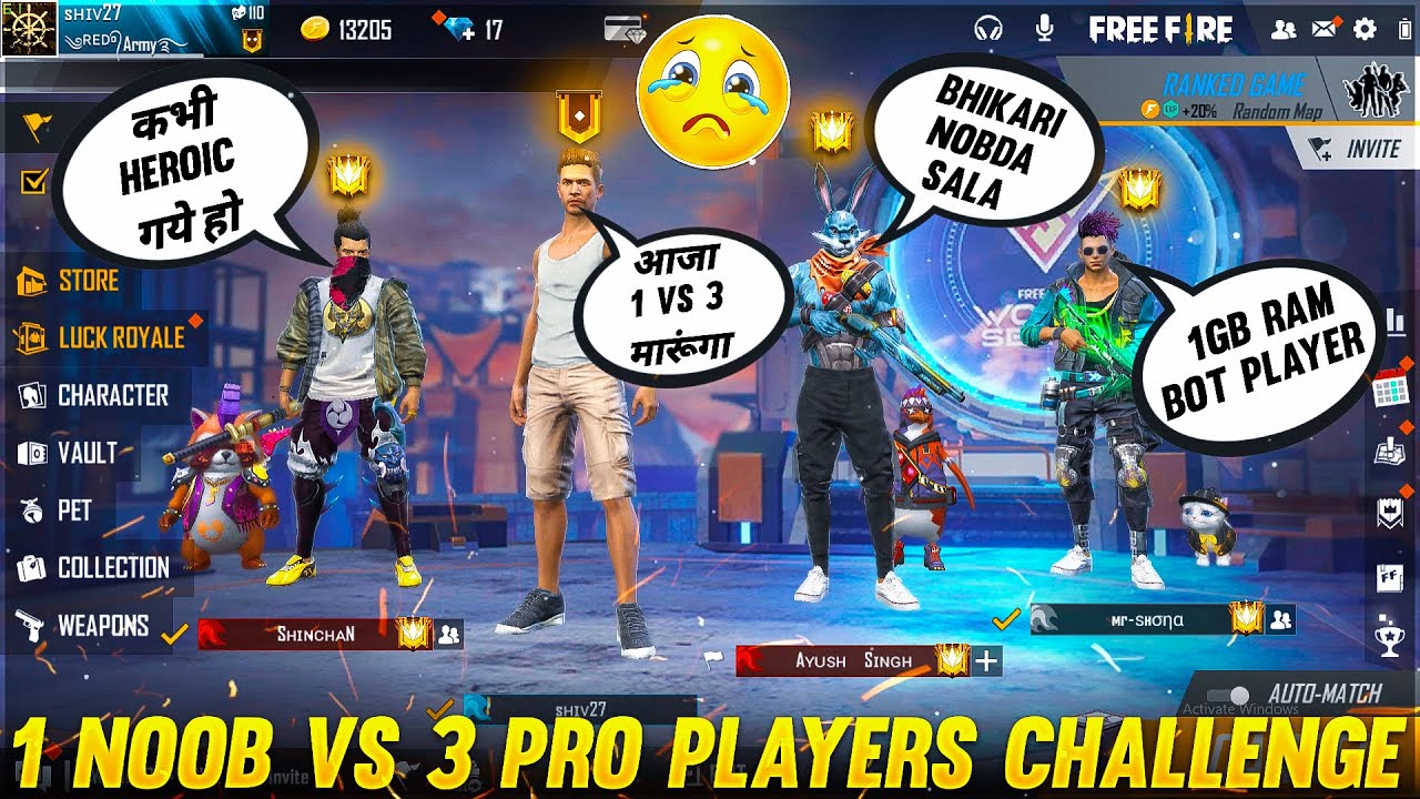 3 Random Grandmaster Player Call Me noob😠 i challenge them 1 v 3 custom room - Garena Free Fire