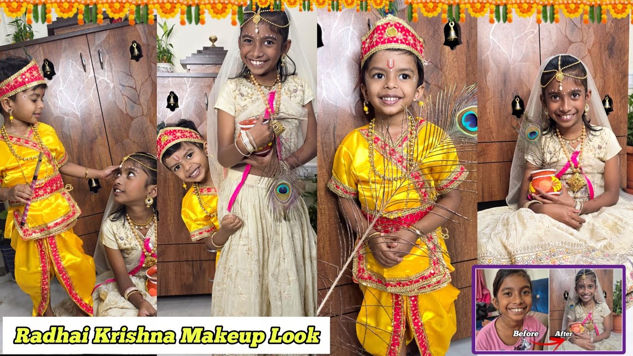 Radhai & Krishna Makeup Look 🪈🦚 2 in 1 Video✨️ Easy Kids Grooming Makeup 🫰 Janmashtami Special 🍯