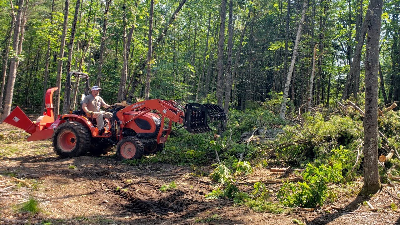 Clearing Trees - Kioti CK2610 with Everything Attachments Wicked55 Grapple and Titan BX42S Chipper