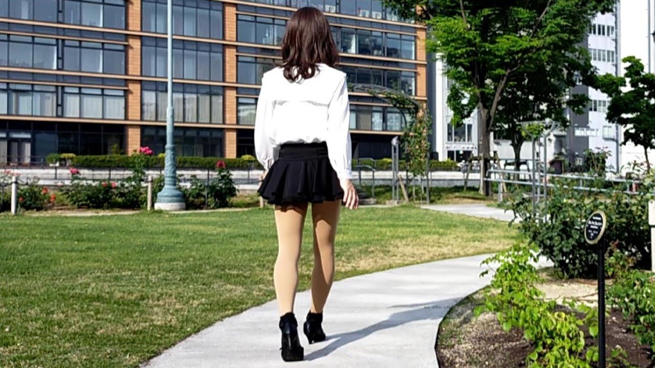 Crossdresser Walking, White blouse, short skirt