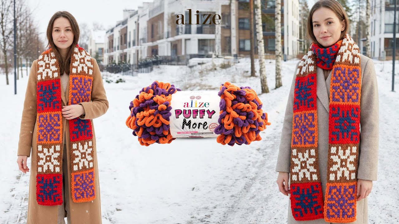 Красочный шарф с узором из пряжи Alize Puffy More
