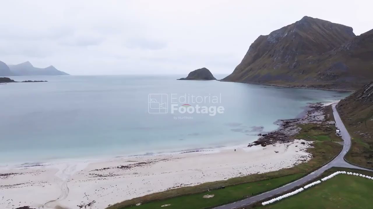 Aerial view of Uttakleiv Beach and surrounding mountains in Leknes, Lofoten, Norway - 09/23/2024