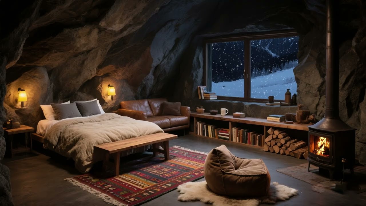 A warm cave retreat in winter | The sound of a fireplace helps you fall asleep quickly