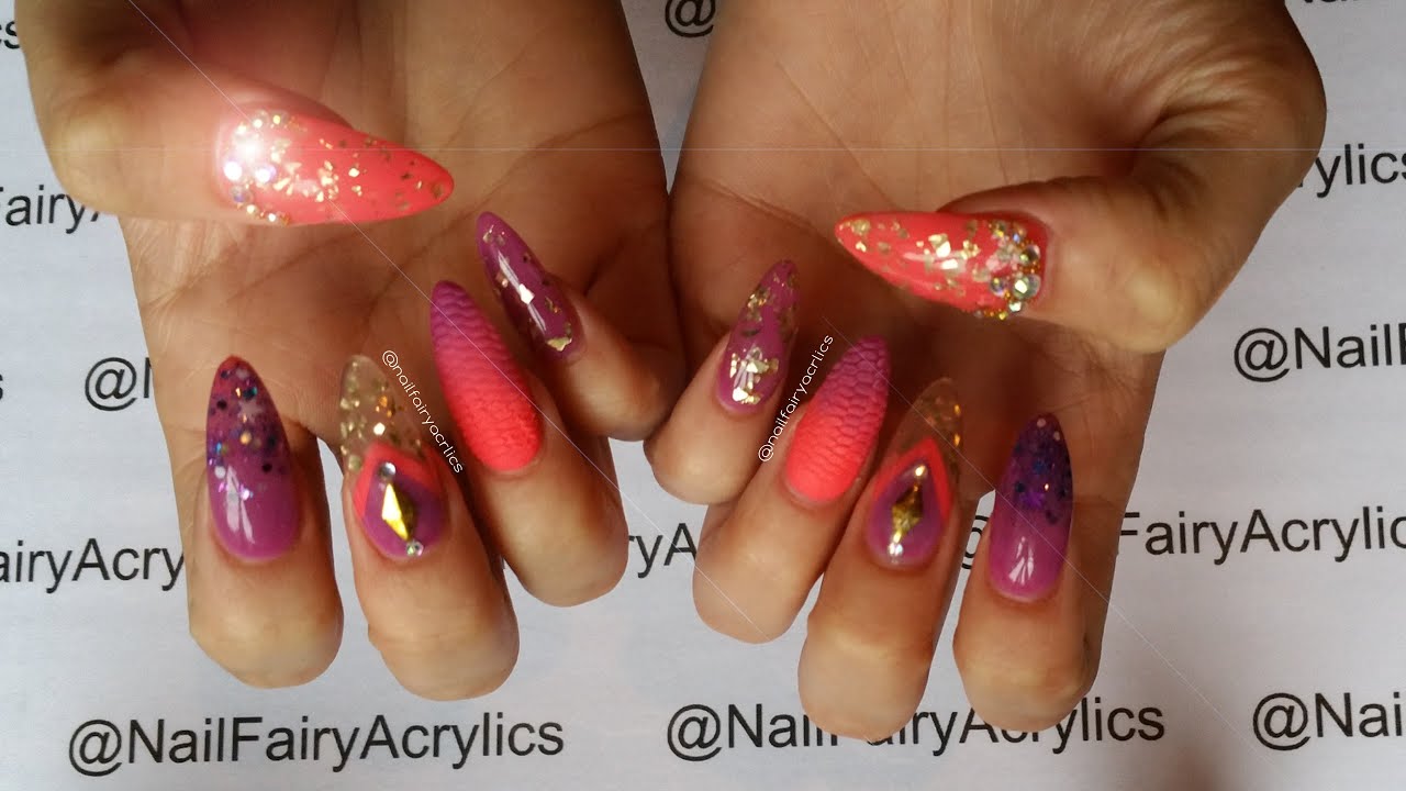 Acrylic Nails | Nail Art | Gold Flakes, Coral and Plumb