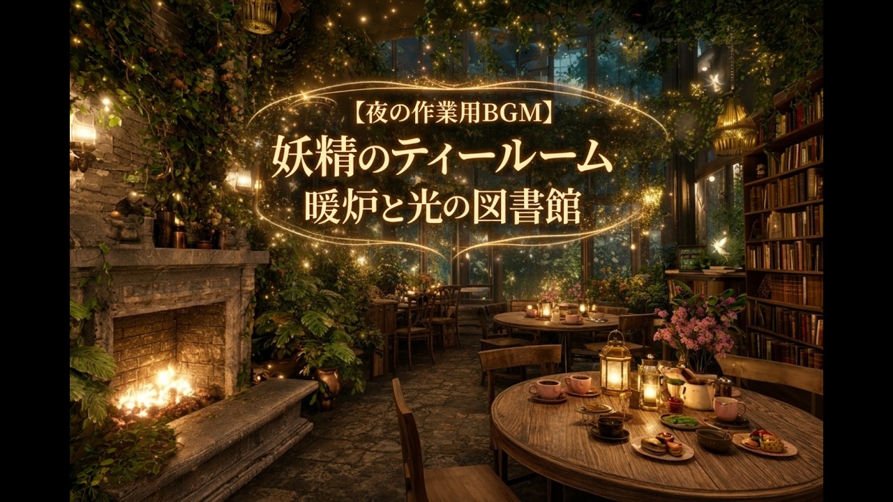 【夜の作業用BGM】妖精のティールームと光の図書館｜暖炉ときらめきに癒される幻想空間