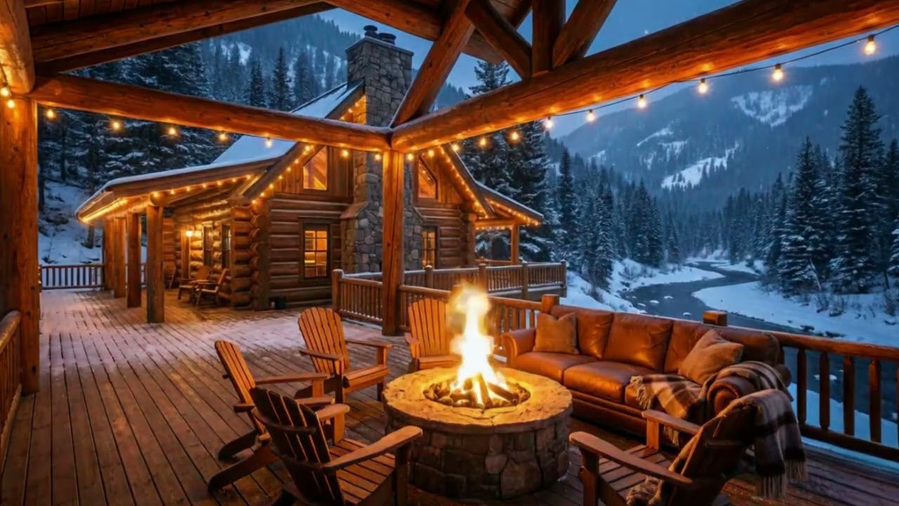 Smooth Jazz Instrumental Music & Fireplace Sounds ⛄Warm Winter Jazz Music at Lakeside Porch Ambience