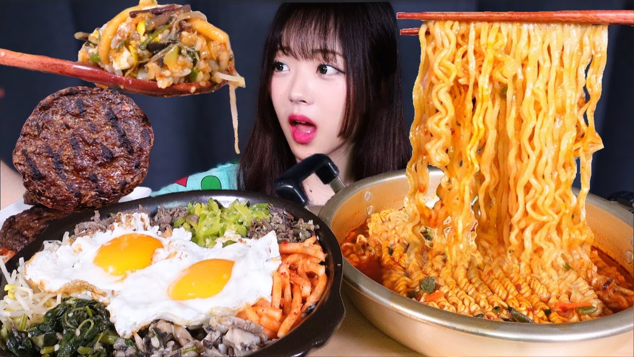 새벽에 배고파서 와구와구 퍼먹는 이 맛,,🍳나물가득 비빔밥에 맵칼한 열라면 김치 떡갈비 야식 집밥 먹방 리얼사운드 Bibimbap&Spicy Ramen MUKBANG ASMR