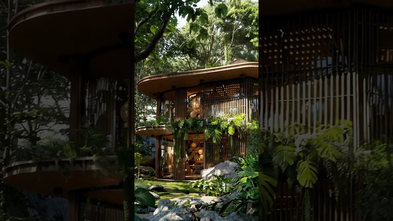 a hidden jungle villa with curved bamboo architecture and hanging gardens