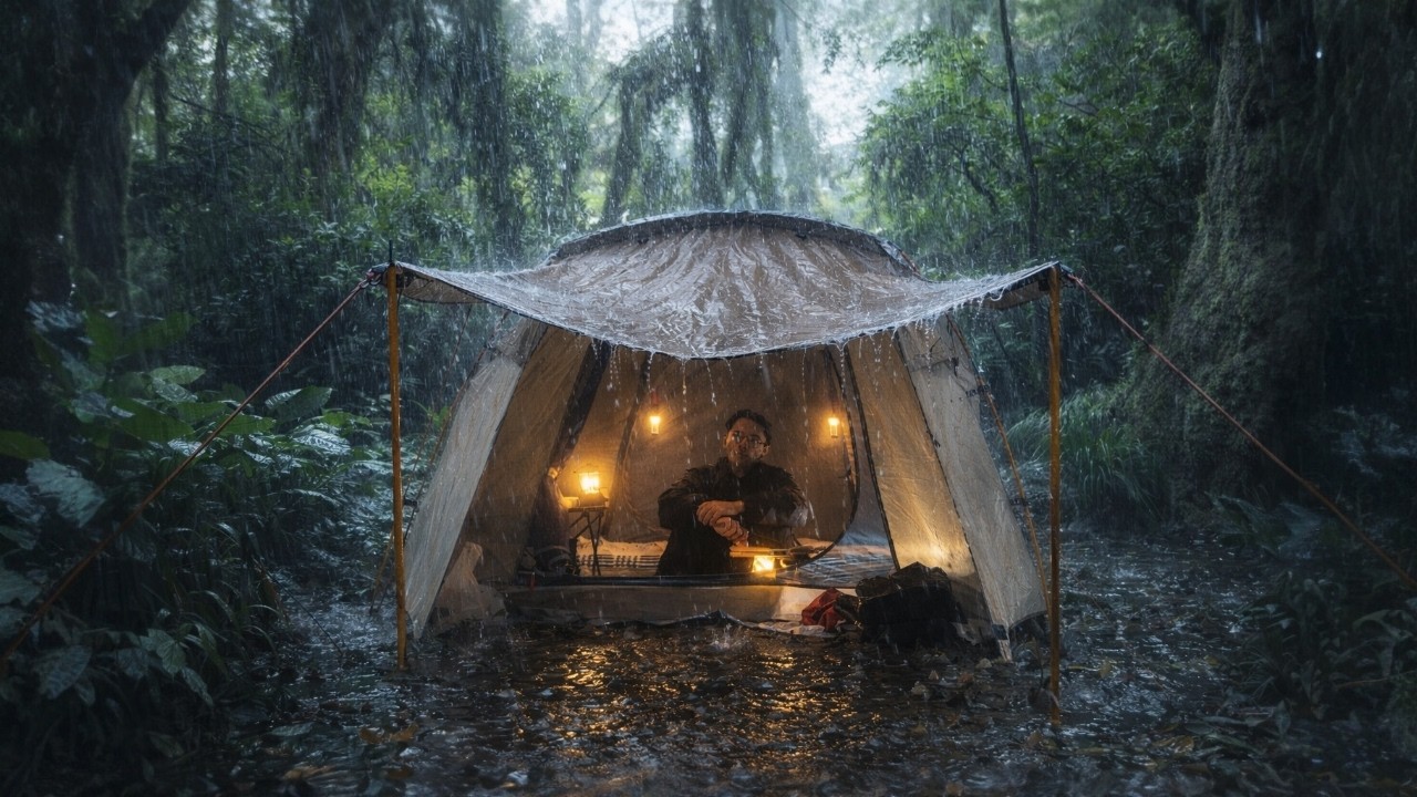 Back to Jungle! I got Caught in Downpour here until the area Flooded - Camping in Heavy Rain