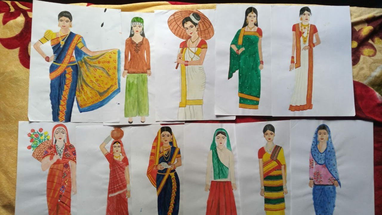 Different states dressing style drawing. Indian people | Traditional dresses of Indian states