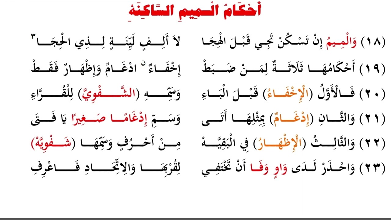 متن تحفة الأطفال والغلمان فى تجويد القران  الميم والنون المشددتين  وأحكام الميم الساكنة
