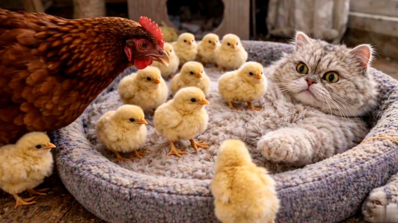 Курица 🐔 с группой цыплят заняла кошачью лежанку, кот 🐱 сразу обиженно застыл ❤️