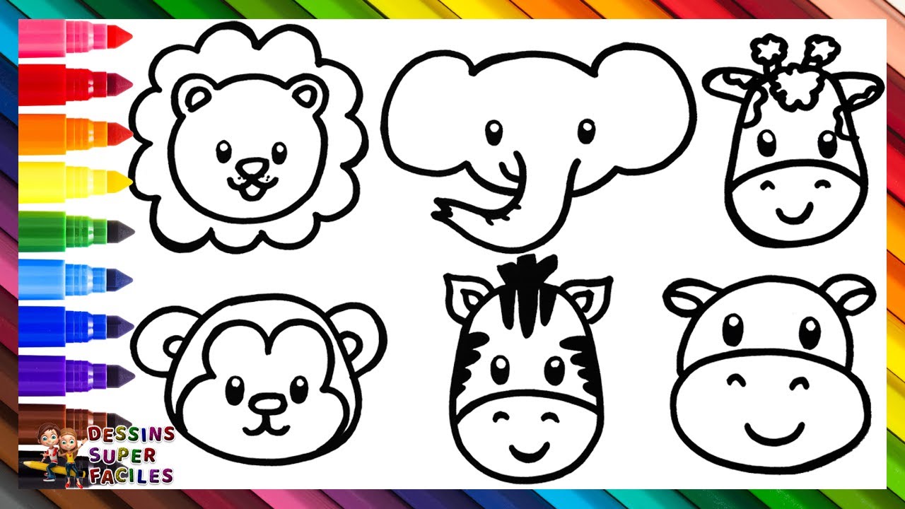 Dessiner Et Colorier Des Animaux Sauvages Mignons 🦁🐘🦒🐵🦓🦛🌈 Dessins Pour Enfants