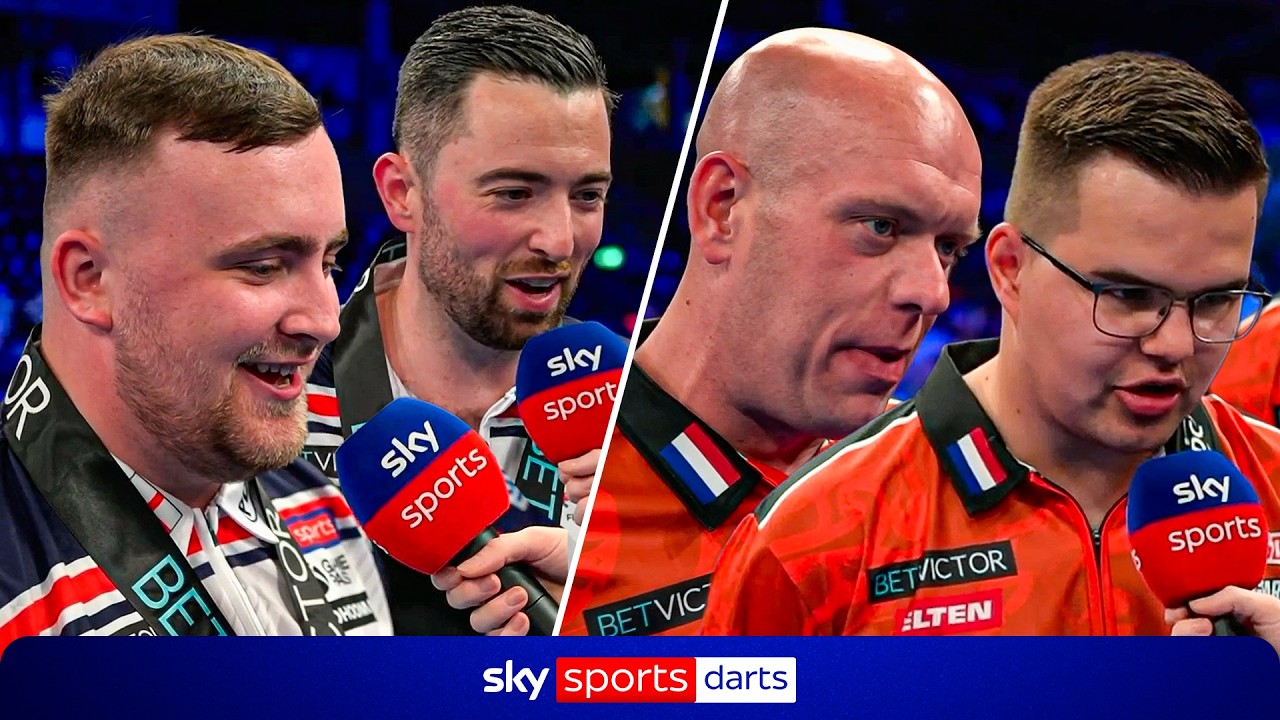 Luke Littler, Luke Humphries, Michael van Gerwen and Gian van Veen react to England's World Cup win!