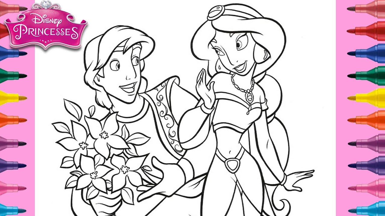 Coloring JASMINE and ALADDIN Disney Couple Aladdin & Jasmine Coloring Page - Princess Coloring Book