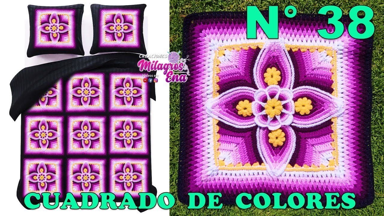 Como tejer el Cuadrado o muestra de colores N° 38 a crochet para colchas y cojines paso a paso