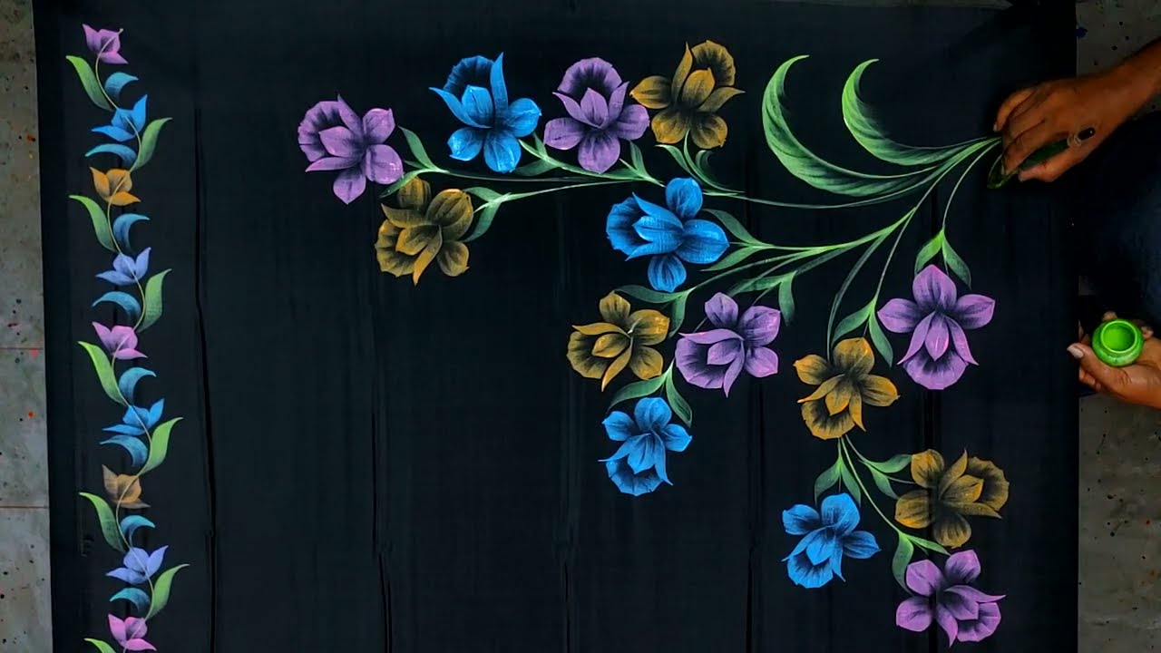 Radium Colour Freehand Fabric Painting on Pure Black Saree | Indian Art Glow Design Tutorial 2025
