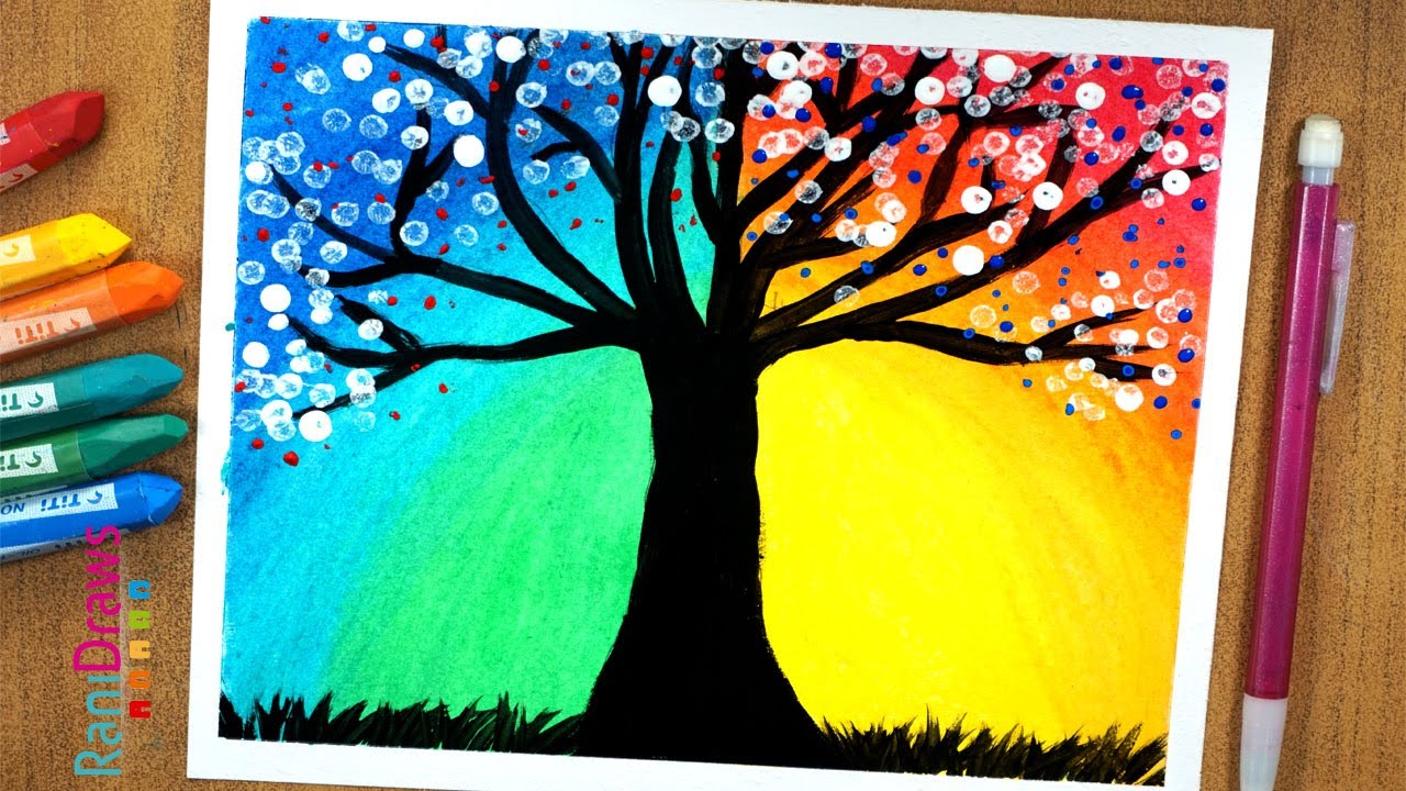 PAISAJE  DE ÁRBOL con ÓLEO PASTEL- paso a paso