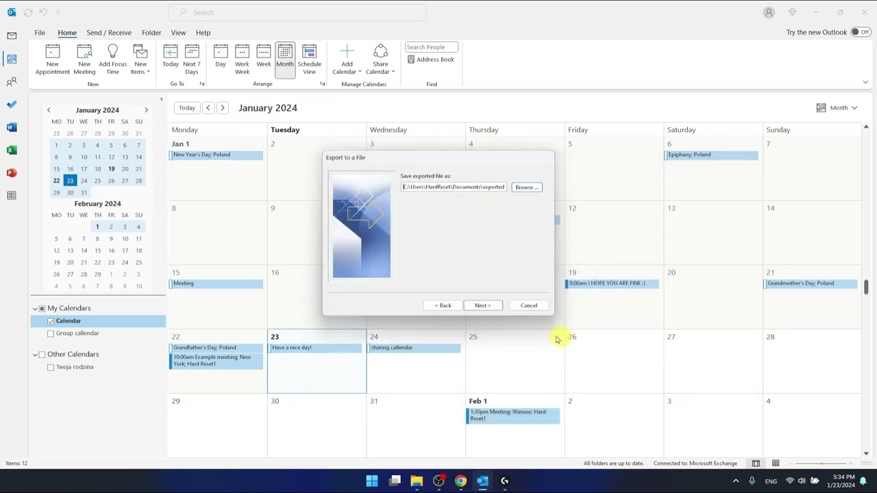 Как экспортировать календарь Outlook