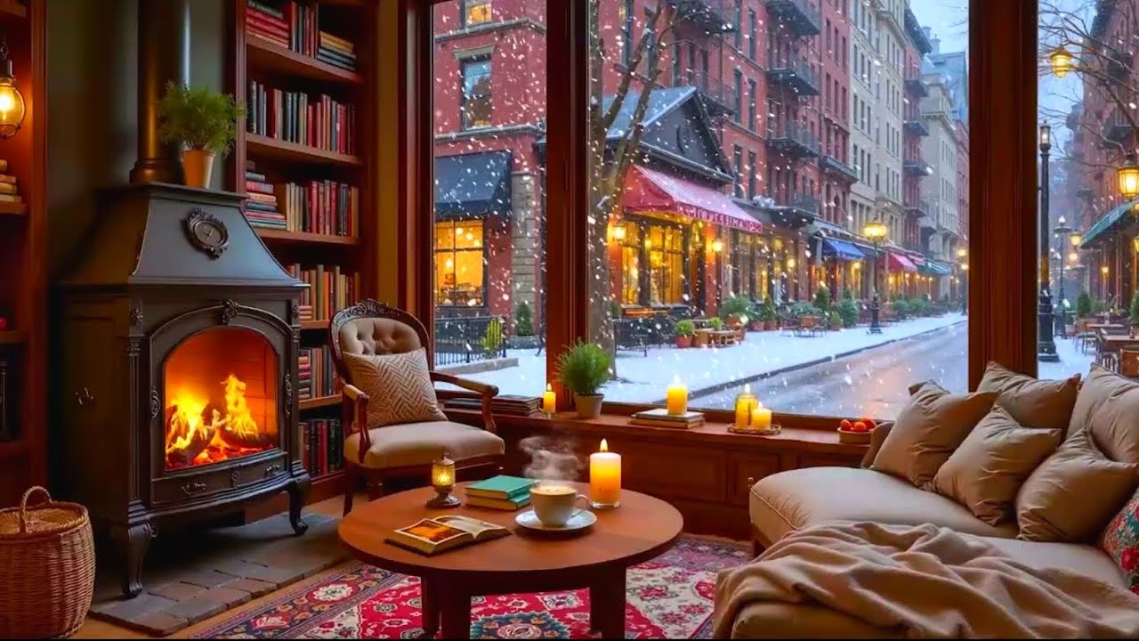 Jazz Relaxing Coffee Shop in Snow Winter Ambience ☕Smooth Jazz Instrumental Music for Working, Relax